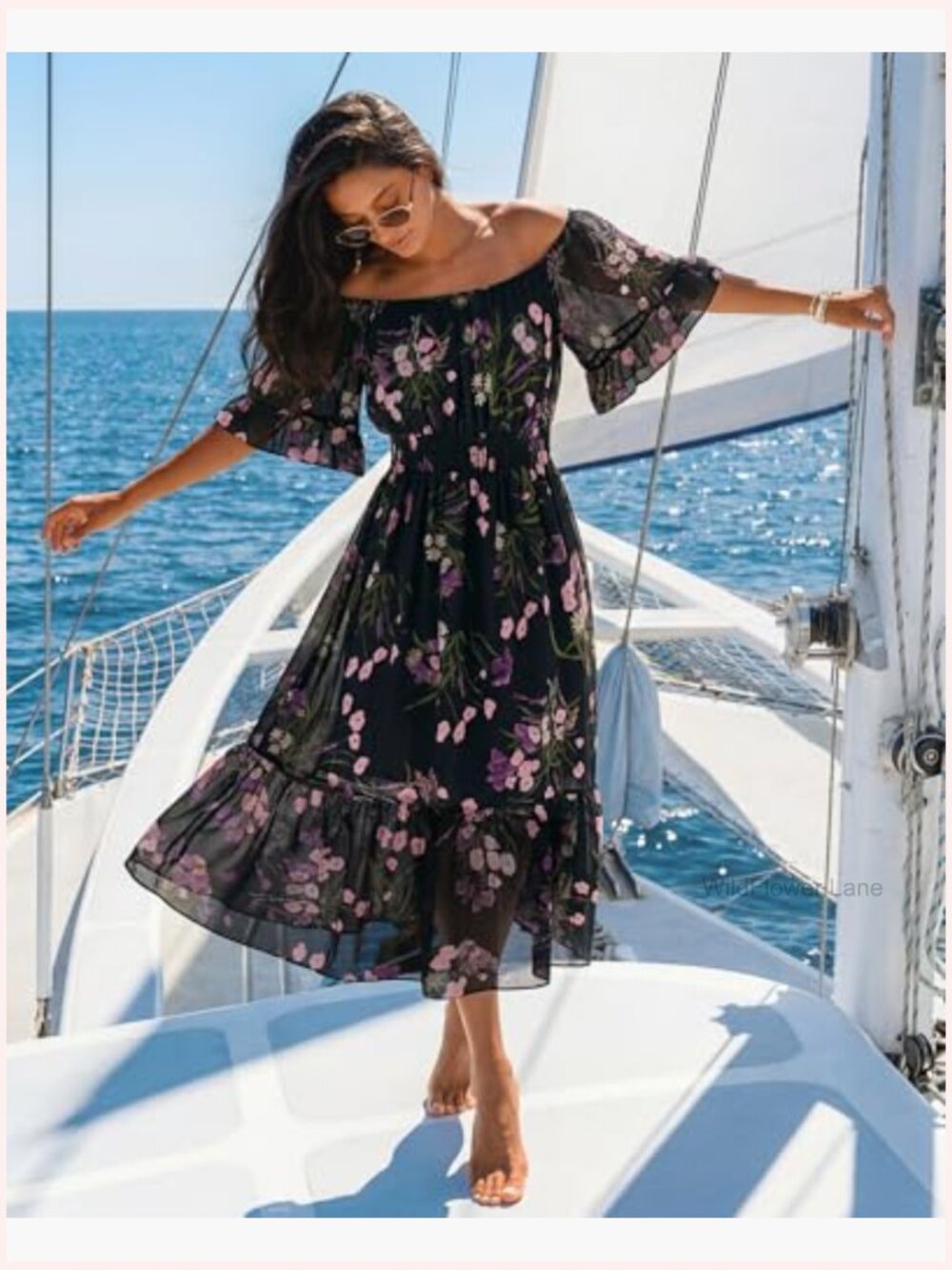 Off Shoulder Midi Dress Ruffle Sleeve Smocked Elastic Waist Flowy Boho - Picture 5 of 7